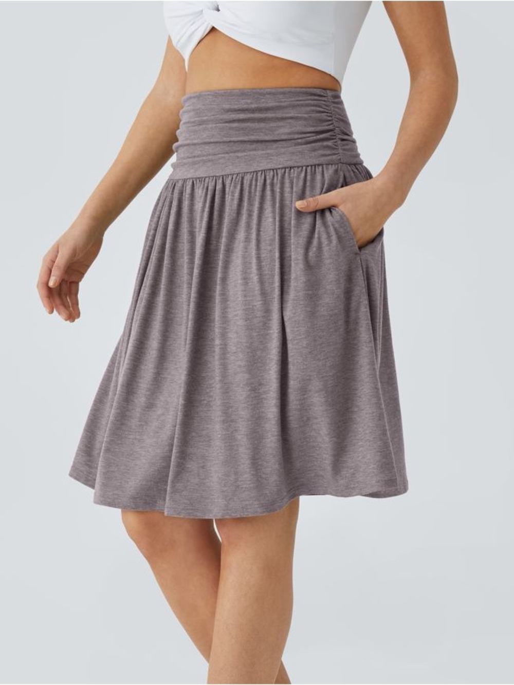 HALARA Ruched Waist Heather Midi Skater Skirt in Gray